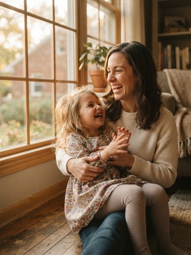 A warm candid portrait of a mother and her young daughter laughing together near a sunlit window in their Indiana home, soft golden-hour light, shallow depth of field, authentic candid moment.