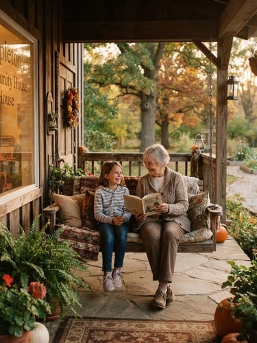 Warm editorial photography of a welcoming, home-inspired community center porch in Indiana, soft golden-hour window light, rich earthy tones, shallow depth of field, inviting and peaceful atmosphere