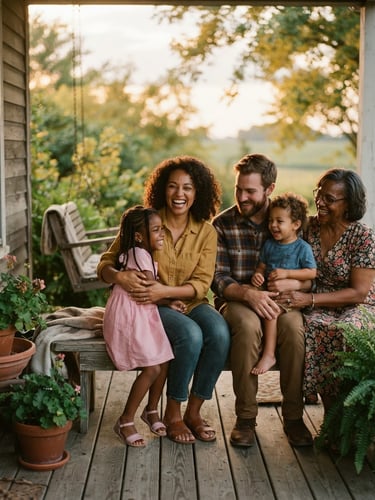 A candid photograph of a diverse family sharing a warm moment on a porch in Indiana, soft golden-hour light, shallow depth of field