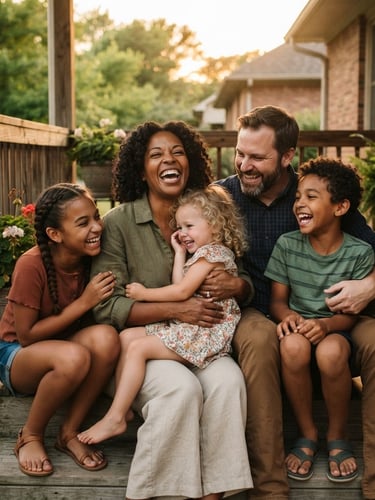 Candid mid-shot of a diverse Indiana family laughing together on a porch in warm, golden-hour sunlight, shallow depth of field, authentic emotional connection.