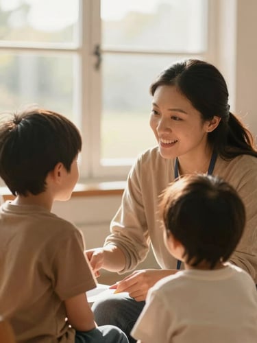 Candid medium shot of a community volunteer warmly interacting with a mother and child in a brightly lit room, soft daylight, authentic emotion