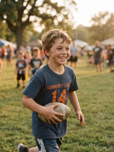 Candid portrait of a young boy smiling warmly during an outdoor community game, soft golden-hour Indiana sunlight, shallow depth of field.