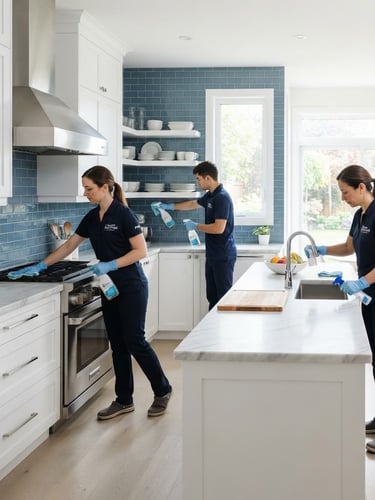 Équipe de nettoyage professionnelle en uniforme, nettoyant une cuisine moderne et impeccable, lumière naturelle vive, tons blancs et bleus.