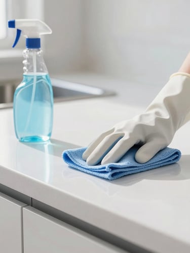 Close-up of a professional cleaner's gloved hands using an eco-friendly spray bottle and microfiber cloth on a gleaming modern kitchen counter, bright natural daylight, crisp and clean. The focus is on the meticulous cleaning action.