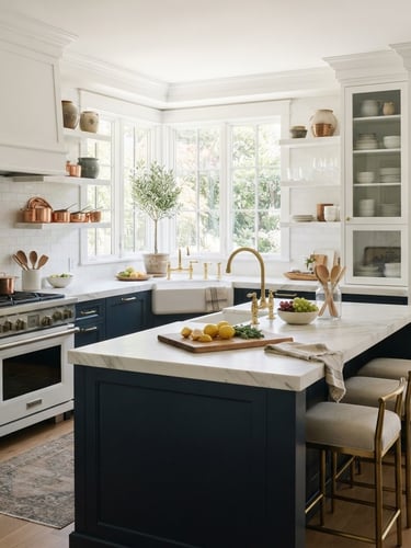 Bright, sun-drenched luxury kitchen, perfectly organized, white marble countertops, polished brass fixtures, soft natural light, wide shot from a slightly elevated angle.