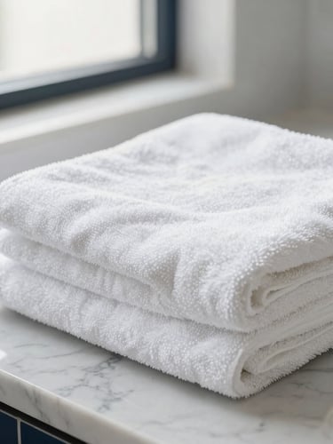 Close-up of perfectly folded crisp white towels on a polished marble countertop in a luxury bathroom, natural window light, shallow depth of field