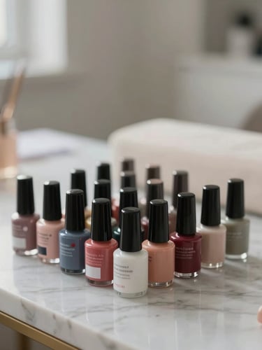 Close-up of a clean, minimalist nail studio workspace with neatly arranged gel polish bottles on a marble table, soft natural side lighting.