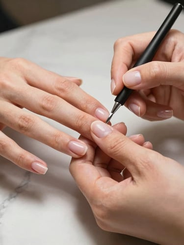 Minimalist close-up of a nail designer's hands carefully shaping a gel nail on a clean marble surface, soft warm lighting, editorial composition.