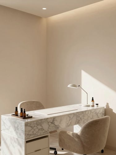 Minimalist, high-end nail salon interior with warm beige walls, a clean marble workstation, and natural light streaming through a window.
