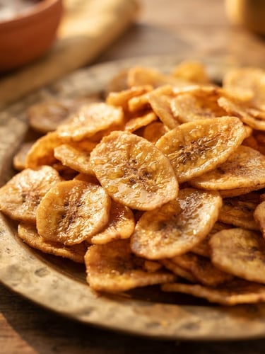 A tight macro shot of golden-brown banana chips glistening with pure coconut oil, served on a traditional brass plate, warm golden-hour sunlight, 35mm editorial food photography