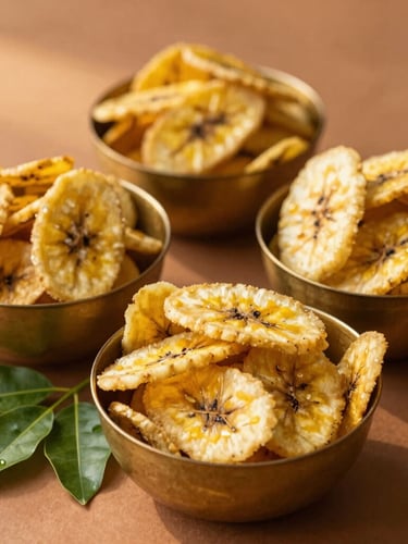 Warm editorial food photography of crisp golden banana chips and murukku in brass bowls next to fresh curry leaves, soft golden-hour sunlight, 35mm.