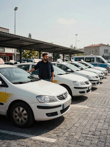 Medium-wide documentary shot of a row of taxis parked at a city-center taxi stand in Elazığ, driver standing beside the front vehicle with arms at sides looking toward the street, daylight, honest flat sky, cobblestone forecourt visible, no posed smiles