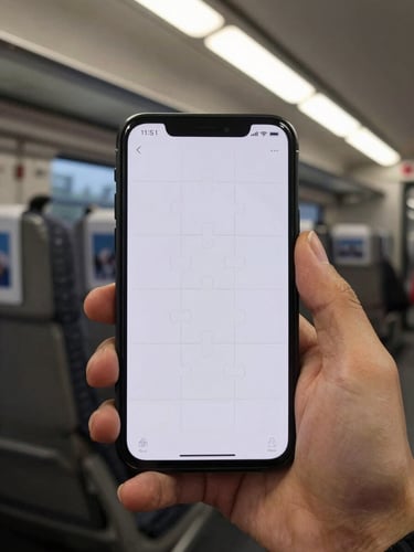 Android phone held in one hand on a commuter train, a minimalist tile-sliding puzzle game filling the screen, ambient overhead carriage light, the phone screen slightly angled toward viewer, blurred seats visible behind — device in genuine transit use, not posed