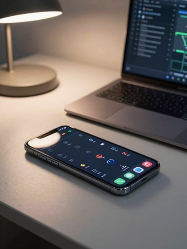 Android phone lying flat on a desk beside a keyboard, a dark-themed grid strategy interface on screen, desk lamp casting warm directional light from the left, minimal workspace context — screen detail sharp, surroundings soft