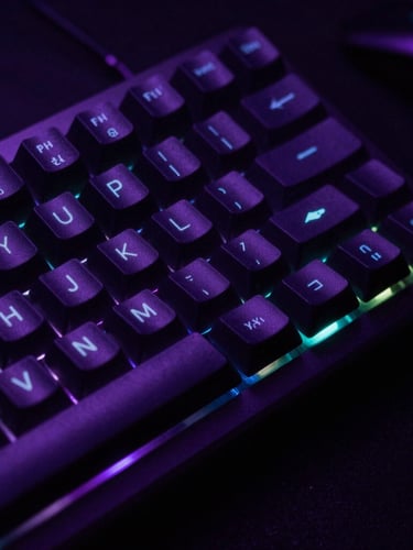 A close-up of a premium mechanical keyboard with custom keycaps, glowing with electric purple and neon teal backlighting in a dark room, moody gaming photography, 35mm