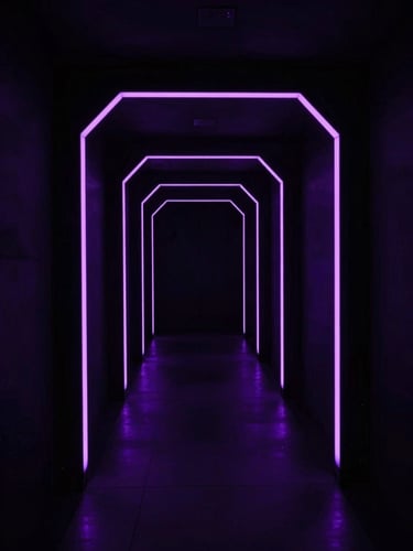 Moody gaming screenshot of a dark sci-fi corridor with glowing purple neon lights, high contrast, deep shadows, sharp focus, 35mm