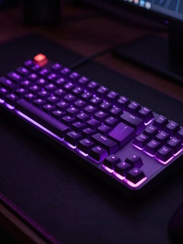 Moody gaming setup with a mechanical keyboard glowing in electric purple RGB, deep shadows, ultra-sharp focus, 35mm