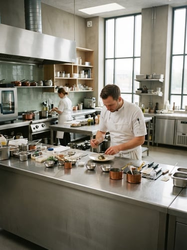 A pristine, modern Danish commercial kitchen with stainless steel countertops reflecting soft overcast daylight, 35mm