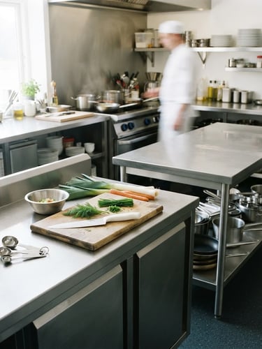 Pristine Danish commercial kitchen counter with gleaming stainless steel surfaces, natural morning light from a side window, sharp focus, 35mm