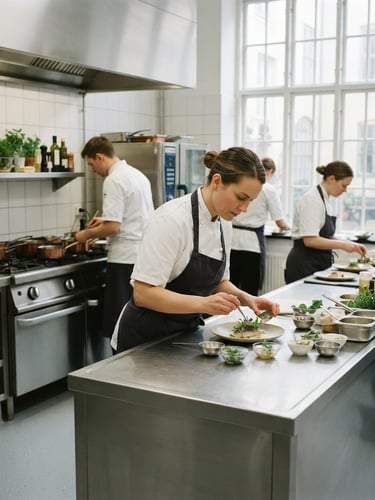 Pristine Danish commercial kitchen with clean stainless steel countertops, soft daylight from a large window, professional staff in clean uniforms working in the background, sharp focus, 35mm