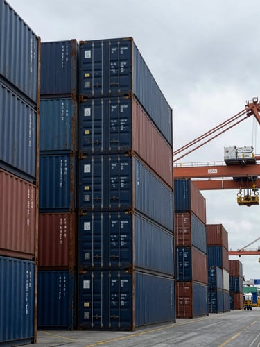 Wide-angle view of an organized shipping container terminal at a major port, stacked steel containers in deep navy and rust under cool overcast daylight, a gantry crane visible at the right edge, calm industrial scale