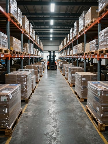 Wide-angle interior of an active freight terminal, floor-level perspective looking down labeled storage aisles with steel racking systems, cool LED overhead lighting casting precise shadows, palletised cargo wrapped and tagged in the foreground, forklift visible stationary in the far background