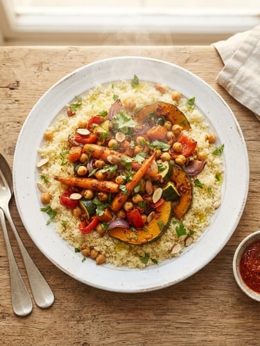Overhead minimalist shot of a steaming Tunisian couscous with roasted vegetables on a white ceramic plate, warm natural window light, soft shadows, 35mm editorial food photography