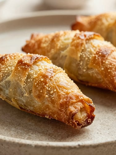 Tight macro shot of a golden, crispy Tunisian brik pastry on a textured stone plate, warm side-light, shallow depth of field, 35mm