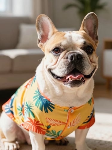 Eye-level portrait of a happy French Bulldog wearing a colorful tropical shirt, sitting comfortably in a sunny living room, bright warm daylight, shallow depth of field