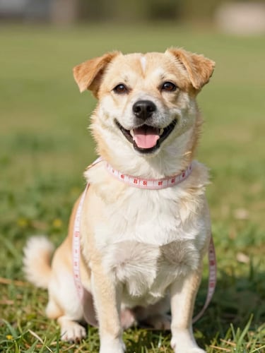 A happy small dog sitting calmly while a soft fabric measuring tape is gently held around its chest, bright warm natural daylight, 35mm