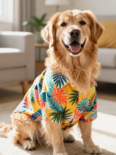 Bright natural daylight photo of a happy golden retriever wearing a colorful tropical shirt, sitting relaxed in a sunny living room, 35mm