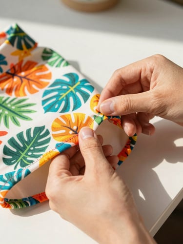 Close up of hands sewing a colorful tropical pet shirt with precise stitching on a clean workspace, warm natural light