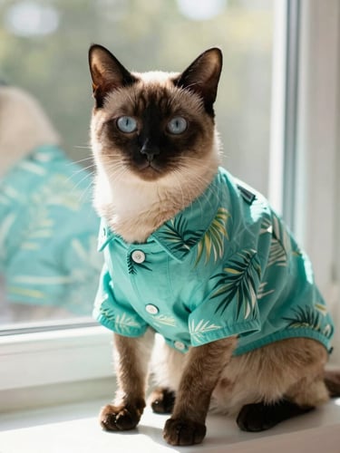A relaxed, elegant Siamese cat sitting on a sunny window sill wearing a lightweight tropical teal shirt, warm natural daylight, shallow depth of field, 35mm