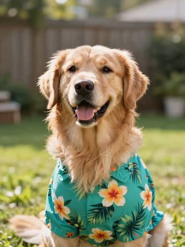 A happy smiling Golden Retriever wearing a vibrant teal tropical flower shirt in a sunny backyard, warm natural daylight, eye-level pet portrait, 35mm