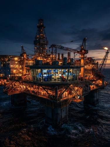 Cinematic wide shot of an advanced offshore oil rig at twilight, glowing telemetry screens visible through control room glass, deep navy and warm amber lighting, highly detailed