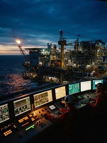 Cinematic environmental shot of an offshore oil rig at twilight, glowing telemetry screens in the foreground, deep navy and warm amber tones, anamorphic lens, highly detailed