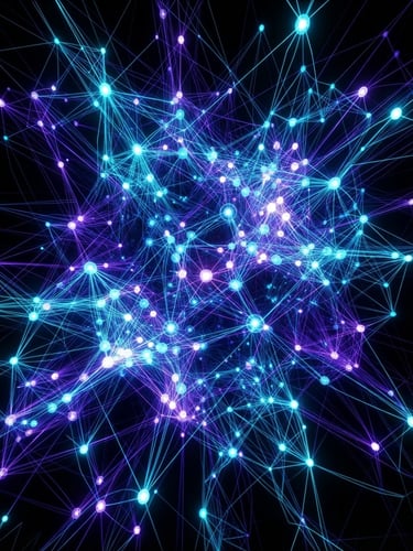 Abstract generative digital art of glowing network nodes, neon wireframes, electric cyan and deep violet accents, dark-mode high contrast