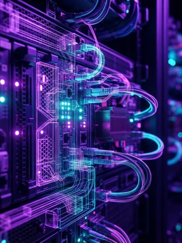 Macro close-up of glowing server rack lights and neon wireframe data streams, deep shadows, high-contrast violet and cyan glow