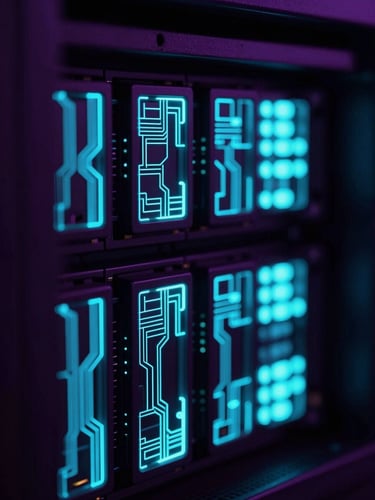 Macro close-up of glowing electric cyan server rack lights in a dark room, deep violet shadows, high contrast, sharp futuristic rendering