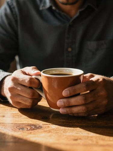 Close-up of a Latino man's hands holding a warm ceramic coffee cup, soft golden-hour window light casting deep shadows on a wooden table, warm editorial tone