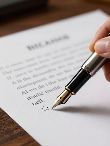 Macro close-up of a fountain pen signing a clean legal document on a dark wooden desk, sharp side-lighting, elegant shadows
