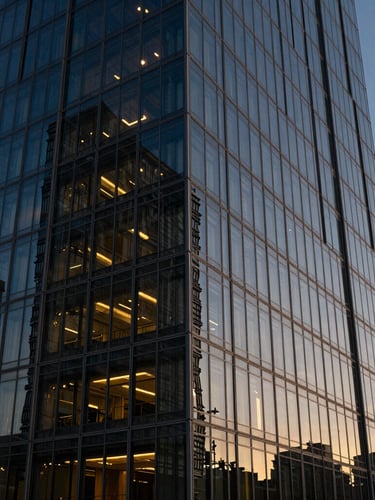 Panoramic architectural detail of a premium corporate headquarters at twilight, sharp geometric glass panels reflecting deep blue and warm gold light, low-key dramatic shadows.