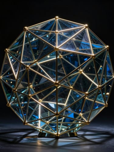 Dramatic low-key lighting on a complex geometric glass sculpture resembling an architectural data network, deep midnight-blue shadows with sharp gold highlights.