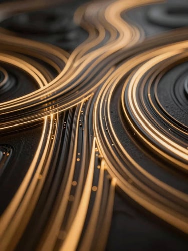 An abstract, high-end architectural visualization of glowing data pathways, dramatic low-key chiaroscuro lighting with gold accents, tight macro framing.