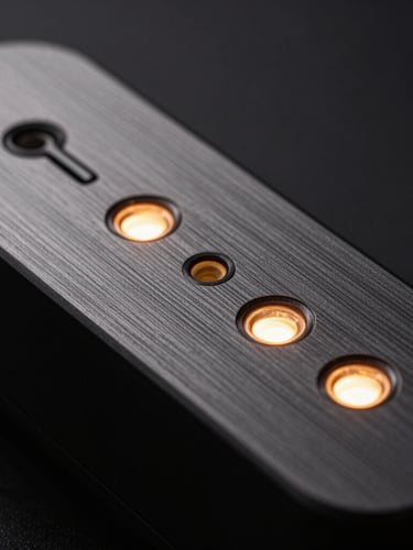 Macro detail of a high-end communication device, dark brushed metal surfaces, warm amber indicator lights, sharp focus, dramatic shadows.