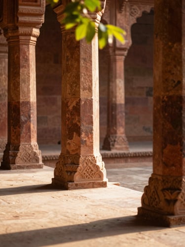 A quiet courtyard with carved sandstone pillars, sunlight filtering through green leaves, shadows casting on the stone floor, warm editorial, 35mm