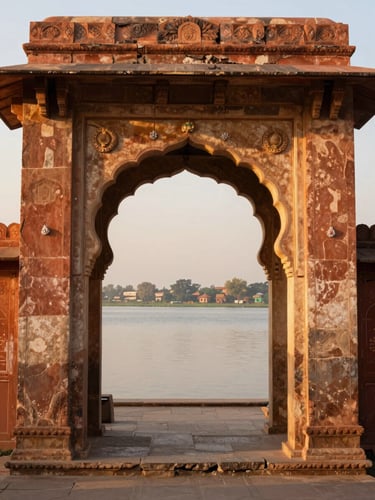 Warm editorial photography of a traditional Mewari stone archway looking out onto Lake Pichola at sunrise, golden-hour light, 35mm