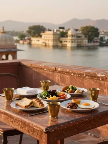 Warm editorial photography of a rooftop terrace table set with traditional brass cups and fresh local breakfast, Udaipur lakes in the background, golden-hour light