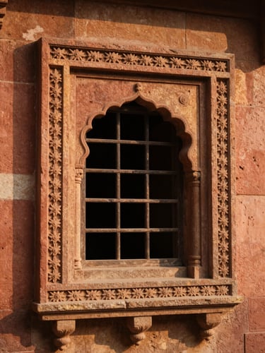 Warm editorial photography of a hand-carved stone jharokha window at golden hour, soft light filtering through, 35mm