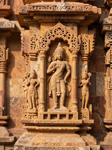 Close-up of intricate Mewari architectural stone carvings on a historic wall, warm sandstone texture, shallow depth of field